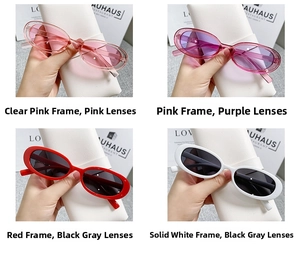 Detail view of oval cat-eye sunglasses in various colors like pink, white, and red frames