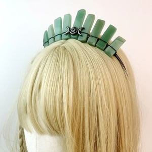 Handmade green crystal crown with triple moon pentagram on a black headband