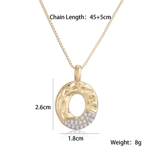 Detail view of two-tone plated letter pendant with zircon inlay and chain measurements