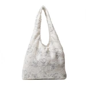 White tote bag with 3D butterfly floral embroidery and large capacity shoulder design