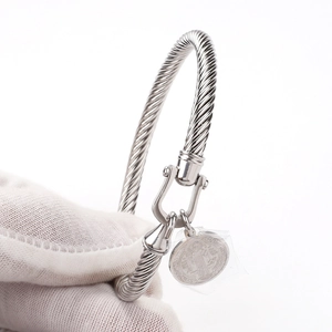 Detail of twisted cable stainless steel bracelet with St. Benedict medal and U-hook