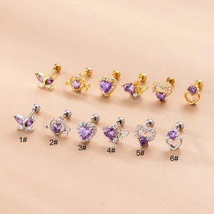 Orecchini Cartilagine Zircone Viola Cuore Farfalla Asta Acciaio Inossidabile Gioielli Piercing Moda Donna Chiusura Vite
