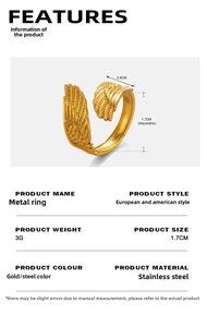 Detailed size specifications of the adjustable golden feather wing stainless steel ring