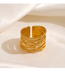 Macro shot of 18K gold plated braided texture on wide adjustable stainless steel ring