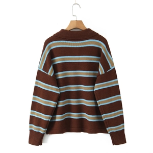 Retro striped polo knit sweater in brown and sky blue, shown on a white hanger