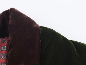 Detailed close-up of velvet拼接 vest showing brown collar and green shoulder texture