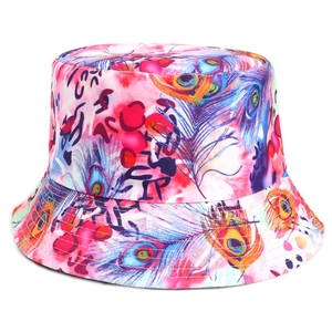Double-sided reversible bucket hat with colorful peacock and leopard print pattern
