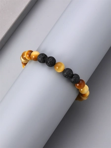 8mm tiger eye and volcanic lava stone beaded bracelet for men on minimalist gray stand