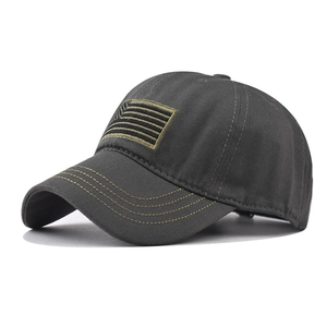 Detail of embroidered flag patch on tactical vintage washed cotton baseball cap