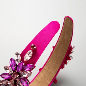 Baroque style rose pink satin headband with colorful floral gemstone embellishments