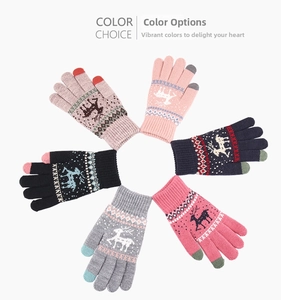 Knit winter gloves in various colors with Nordic reindeer patterns and touchscreen tips