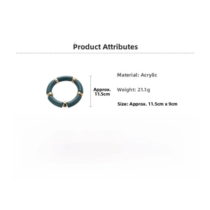Detail view of acrylic geometric bracelet showing dimensions 11.5cm by 9cm and 21.1g weight