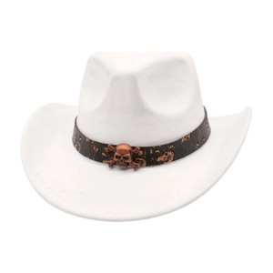 White western cowboy hat featuring a brown skull pattern leather band and metal skull ornament
