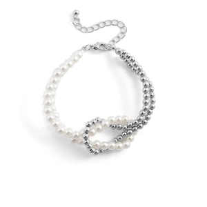 Close-up of pearl and silver bead bracelet with lobster clasp and adjustable chain