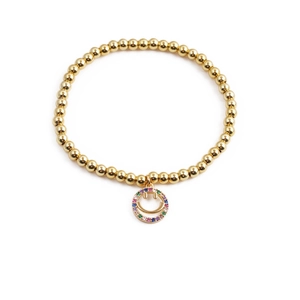 Gold plated beaded stretch bracelet featuring a colorful zircon smiley face pendant