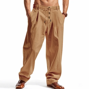 Detail of men's khaki linen pants with drawstring elastic waist and button fly design