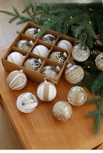 Detailed assortment of 8cm decorative Christmas balls in a rustic kraft gift box