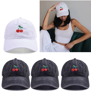 Cherry Embroidery Washed Cotton Baseball Cap Vintage Distressed Adjustable Sun Hat For Men Women Casual Outdoor