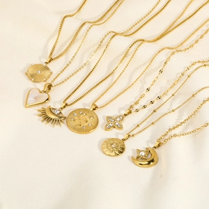 18K gold plated stainless steel necklaces featuring heart, sun and coin charms with zircons