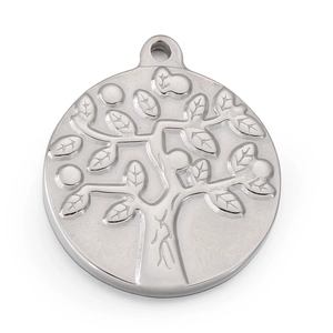 Polished silver stainless steel Tree of Life pendant with embossed details on white background