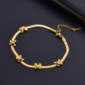 Golden stainless steel snake chain bracelet with five matte butterfly charms and clasp