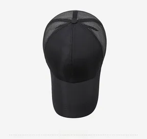 Top view of a black mesh baseball cap with embroidered SPORT text for breathability
