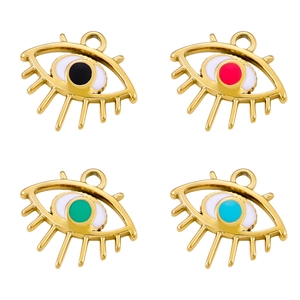Golden evil eye heart pendants in black, red, green and blue enamel on white background