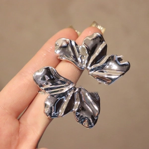 Chic silver acrylic irregular leaf stud earrings with metallic pleated floral texture