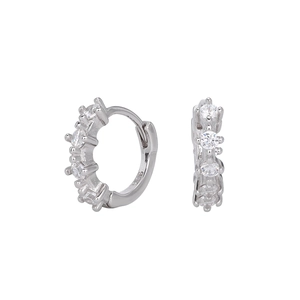 Detailed view of S925 sterling silver stamp on minimalist round cubic zirconia hoop earrings