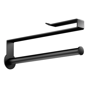 Black metal under-cabinet paper towel holder with drill-free hook design for kitchen storage