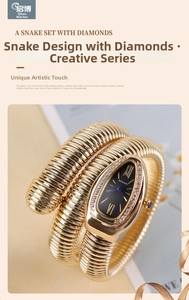 Detail of gold snake-shaped watch featuring a crystal-set bezel and black oval dial face