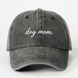 Vintage dark gray washed denim baseball cap featuring white Dog Mom embroidery