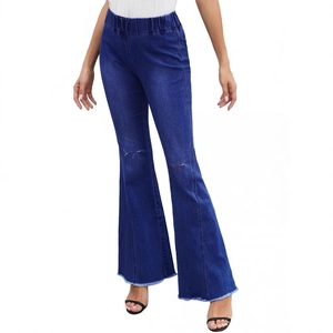High waist dark blue flare jeans with ripped knees and raw hem edges for women