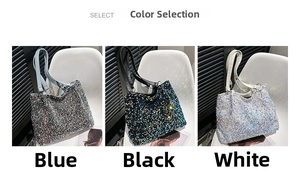 Detailed color options of large sequin tote bags in vibrant blue, black, and white finishes