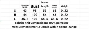 Detailed size chart for diamond pattern wool blend sweater with measurements in centimeters