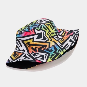 Detail of colorful graffiti pattern on foldable bucket hat with durable black lining