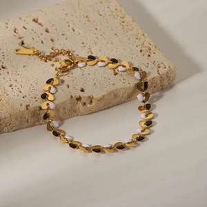 Heart Bracelet 18K Gold Plated Stainless Steel Black White Enamel Drip Oil Waterproof Anti-Tarnish Minimalist For Women