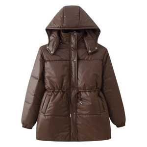 Women's brown hooded winter coat with drawstring waist and metallic glossy finish