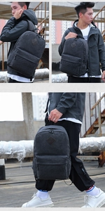 Three-view montage of a black canvas backpack featuring a pig snout patch and front pocket