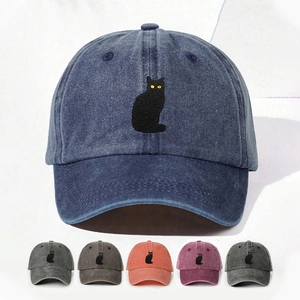 Berretto Da Baseball In Tessuto Lavato Retro Ricamo Gatto Nero Regolabile Protezione Solare Traspirante Cappello