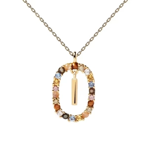 Detailed close-up of a gold oval pendant with colorful gemstones and rectangle center