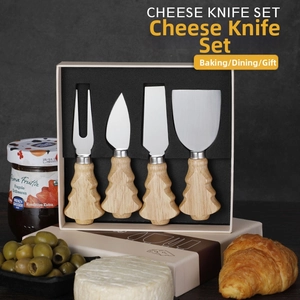 Detailed set of 4 cheese knives with Christmas tree wooden handles and steel blades