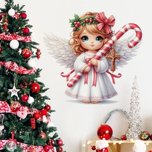 Christmas fairy wall sticker with candy cane and wings by a decorated Xmas tree