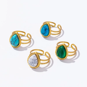 Adjustable stainless steel rings with colorful teardrop gemstones in gold finish