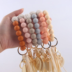 Silicone beaded keychain wristlet with handmade tassel and mama engraved wood disc