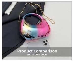 Miniature gradient metallic evening bag with chain strap compared to a smartphone