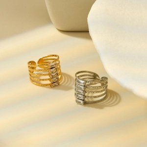 French style titanium steel geometric rings with crystals and open adjustable design
