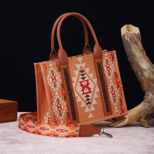 Detail of bohemian printed handbag with orange weave texture and ethnic shoulder strap