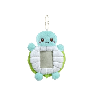 Cute green turtle plush photocard holder with transparent window and gold chain