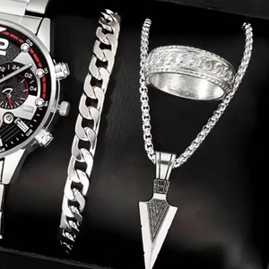 Silver accessory gift set for men featuring a watch, necklace, bracelet, and ring in box
